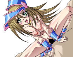 Rule 34 | 1girl, :d, blonde hair, blush, blush stickers, body blush, boots, breasts, breasts squeezed together, censored, choker, cowgirl position, dark magician girl, detached sleeves, duel monster, dutch angle, girl on top, green eyes, hajime shindo, happy sex, hat, helm, helmet, hetero, invisible penis, jewelry, large breasts, long hair, necklace, nipples, nude, open mouth, pov, pussy, sex, simple background, smile, solo focus, spread legs, straddling, uncensored, vaginal, yu-gi-oh!, yu-gi-oh! duel monsters, yuu-gi-ou