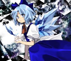 Rule 34 | 1girl, blue dress, blue eyes, blue hair, blue ribbon, cirno, closed mouth, collared shirt, commentary request, cryokinesis, dress, hair ribbon, hand up, highres, ice, ice wings, kaigen 1025, neck ribbon, pinafore dress, puffy short sleeves, puffy sleeves, red ribbon, ribbon, sash, shirt, short hair, short sleeves, sleeveless, sleeveless dress, touhou, v-shaped eyebrows, wavy hair, white sash, white shirt, wings