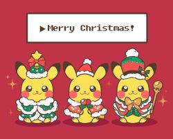 Rule 34 | :3, brown eyes, capelet, christmas, chueog, closed mouth, clothed pokemon, commentary, creatures (company), fur-trimmed capelet, fur trim, game freak, gen 1 pokemon, green capelet, green headwear, hat, clothed pokemon, holding, looking at viewer, merry christmas, nintendo, pikachu, pokemon, pokemon (creature), red background, santa hat, simple background, smile, sparkle