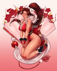 Rule 34 | 1girl, bare shoulders, breasts, brown hair, cleavage, fatal fury, flower, hand fan, high ponytail, highleg, highres, large breasts, legs, long hair, looking at viewer, ninja, pelvic curtain, shiranui mai, sleeveless, the king of fighters, valentinainat1, wide hips