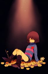 Rule 34 | 1other, blue sweater, boots, brown footwear, brown hair, brown shorts, closed eyes, colored skin, facing viewer, flower, flowey (undertale), frisk (undertale), heart, highres, long sleeves, shorts, sitting, solo, stick, striped clothes, striped sweater, sweater, undertale, y o u k a, yellow flower, yellow skin