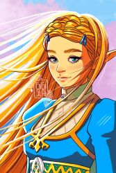 Rule 34 | 1girl, blonde hair, braid, breasts, commentary request, gigis lab, green eyes, hair ornament, hairclip, highres, long hair, nintendo, pointy ears, princess zelda, signature, small breasts, smile, solo, spanish commentary, the legend of zelda, the legend of zelda: breath of the wild, upper body