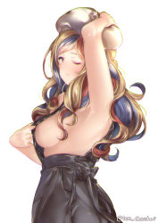 Rule 34 | 1girl, arm up, armpits, bad id, bad pixiv id, beret, blonde hair, blue eyes, blue hair, blush, breasts, chromatic aberration, commandant teste (kancolle), commentary request, curly hair, flashing, from side, half-closed eye, hand on headwear, hat, juurouta, kantai collection, large breasts, lips, long hair, looking at viewer, looking to the side, multicolored hair, no bra, one eye closed, red hair, sideboob, simple background, solo, streaked hair, swept bangs, tilted headwear, upper body, white background, white hat