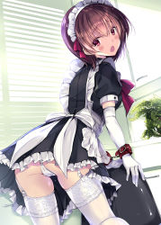 Rule 34 | 1girl, :o, apron, ass, bad id, bad pixiv id, black dress, window blinds, blush, brown eyes, brown hair, cabinet, chair, commentary request, cuffs, day, dress, elbow gloves, frilled apron, frills, from behind, garter straps, gloves, high heels, highres, indoors, kobayashi chisato, lace trim, looking at viewer, looking back, maid, maid headdress, office chair, open mouth, original, panties, pantyshot, plant, potted plant, puffy short sleeves, puffy sleeves, short dress, short hair, short sleeves, sidelocks, solo, standing, swivel chair, thighhighs, thighs, thong, underwear, upskirt, white gloves, white panties, white thighhighs
