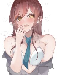 1girl bare_shoulders blush bra breasts collarbone from_above highres hii_(mzgu8388) idolmaster idolmaster_shiny_colors long_hair medium_breasts necktie off_shoulder open_clothes open_mouth open_shirt osaki_amana red_hair shirt smile solo sweat sweatdrop swept_bangs underwear white_bra yellow_eyes