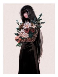 Rule 34 | 1girl, arms at sides, black dress, black hair, bouquet, closed mouth, dress, closed eyes, feet out of frame, flower, highres, holding, holding bouquet, leaf, long hair, osaragi (sakamoto days), own hands together, red flower, sakamoto days, see-through, see-through sleeves, simple background, solo, sonono71, standing, veil, very long hair, white flower
