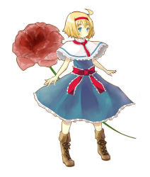 Rule 34 | 1girl, alice margatroid, blonde hair, blue eyes, blush, boots, capelet, dress, female focus, flower, full body, hairband, red flower, red rose, rose, short hair, simple background, solo, touhou, ut pictura poesis