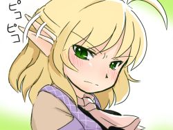 Rule 34 | 1girl, [], ahoge, blonde hair, blush, ear wiggle, elf, face, female focus, frown, green eyes, mizuhashi parsee, pointy ears, short hair, solo, touhou