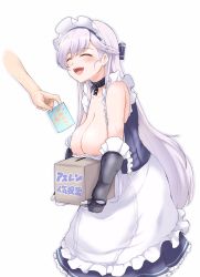 Rule 34 | 1girl, apron, azur lane, bare shoulders, belfast (azur lane), box, breast rest, breasts, carried breast rest, carrying, cleavage, disembodied limb, dress, closed eyes, frilled apron, frills, gloves, highres, holding, holding box, large breasts, light purple hair, long hair, maid apron, open mouth, os (kazos), purple dress, sagging breasts, solo, very long hair, white apron, white gloves