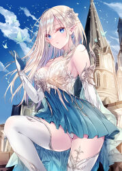 Rule 34 | 1girl, architecture, arm behind back, bare shoulders, blonde hair, blue dress, blue eyes, blue sky, breasts, bug, butterfly, castle, cloud, commentary, day, dress, earrings, elbow gloves, elf, eyelashes, flower, gloves, hair flower, hair ornament, hand up, highres, insect, jewelry, knee up, kobayashi chisato, large breasts, long hair, looking at viewer, open hand, original, outdoors, panties, pantyshot, parted lips, pointy ears, short dress, sky, solo, thighhighs, thighs, underwear, white panties, white thighhighs