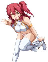 Rule 34 | 00s, 1girl, caryo, condom, condom in mouth, condom wrapper, crop top, gundam, gundam 00, midriff, mouth hold, nena trinity, one eye closed, panties, pink panties, red hair, solo, tabigarasu, thighhighs, two side up, underwear, undressing, v, wink, yellow eyes
