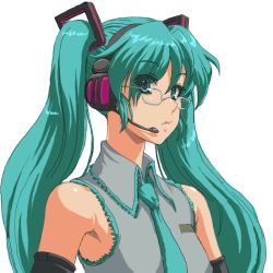 Rule 34 | 1girl, aqua hair, aqua necktie, armpits, bare shoulders, bespectacled, collared shirt, detached sleeves, female focus, flat chest, glasses, grey shirt, hair ornament, hatsune miku, headphones, headset, lips, long hair, looking at viewer, matsudo aya, neck, necktie, serious, shirt, simple background, sleeveless, sleeveless shirt, solo, twintails, upper body, vocaloid, white background
