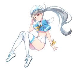 Rule 34 | 1girl, alternate costume, anchor symbol, beret, blue shirt, buruma, closers, crop top, full body, grey hair, hat, highres, knees together feet apart, knees up, light smile, long hair, looking at viewer, ponytail, red eyes, sailor collar, salute, shirt, shoes, short sleeves, simple background, sneakers, solo, supernew, thighhighs, tina (closers), white background, white thighhighs, wristband
