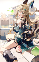 Rule 34 | 1girl, :d, absurdres, ahoge, animal ear fluff, animal ears, bare shoulders, blonde hair, box, cardboard box, cat ears, commentary request, detached sleeves, genshin impact, green eyes, highres, kirara (genshin impact), leg warmers, long hair, long sleeves, looking at viewer, lumo 1121, multiple tails, open mouth, sitting, smile, solo, tail, thighs, two tails, very long hair