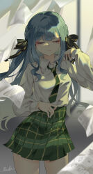 1girl absurdres bang_dream! bang_dream!_it&#039;s_mygo!!!!! blue_hair braid closed_eyes closed_mouth collared_shirt commentary diagonal-striped_clothes diagonal-striped_necktie green_necktie green_ribbon green_skirt hair_ribbon hand_up haneoka_school_uniform highres long_hair long_sleeves necktie patpang pleated_skirt ribbon school_uniform sheet_music shirt sidelocks signature skirt solo striped_clothes togawa_sakiko white_shirt