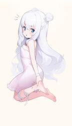Rule 34 | 1girl, absurdres, azur lane, bare shoulders, barefoot, blue eyes, bow, commentary, commentary request, crossed bangs, double bun, dress, english commentary, feet, foot focus, from side, full body, grey hair, hair between eyes, hair bow, hair bun, hands on feet, highres, injury, kneeling, le malin (azur lane), le malin (sleepy sunday) (azur lane), leg ribbon, light frown, long hair, looking at viewer, mixed-language commentary, official alternate costume, open mouth, pain, pg (pege544), ribbon, simple background, sleeveless, sleeveless dress, soles, solo, toes, very long hair, wavy hair, white bow, white dress, wrist ribbon