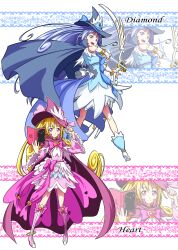 Rule 34 | 2girls, :d, absurdres, adapted costume, aida mana, alternate costume, blonde hair, blue bow, blue cape, blue dress, blue eyes, blue hair, boots, bow, bow (weapon), cape, character name, commentary request, cure diamond, cure heart, dokidoki! precure, dress, earrings, eyelashes, hair ornament, happy, hat, highres, hishikawa rikka, holding, holding bow (weapon), holding weapon, jewelry, knee boots, large hat, long hair, looking at viewer, magical girl, mahou girls precure!, matatabi (karukan222), multiple girls, open mouth, pink bow, pink cape, pink dress, pink eyes, pink footwear, ponytail, precure, smile, standing, weapon, witch, witch hat, wrist cuffs