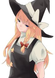 Rule 34 | 1girl, absurdres, arms behind back, black hat, black vest, blonde hair, blue eyes, bow, closed mouth, commentary request, cookie (touhou), dare who zzzz, hair bow, hat, hat bow, head tilt, highres, kirisame marisa, long hair, looking at viewer, puffy short sleeves, puffy sleeves, red bow, shirt, short sleeves, simple background, smile, solo, star (symbol), star pin, suzu (cookie), touhou, turtleneck, upper body, vest, white background, white bow, white shirt, witch hat
