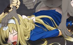 Rule 34 | 1girl, alice zuberg, armor, ass, blonde hair, blue shirt, blush, bottomless, boy on top, censored, closed eyes, clothed sex, cobblestone, crying, eyelashes, eyepatch, gauntlets, goblin, hairband, hand on another&#039;s head, head out of frame, held down, highres, holding another&#039;s wrist, long hair, long sleeves, lying, monster, mosaic censoring, navel, on floor, on stomach, open mouth, prone bone, rape, restrained, ribbon, saliva, sex, sex from behind, shirt, sword art online, tears, teeth, teitetsu kishidan, torn clothes, vaginal, white ribbon