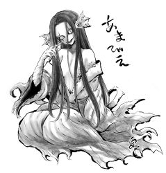 Rule 34 | 1girl, amabie, artist name, breasts, collarbone, evil grin, evil smile, fins, greyscale, grin, hair over breasts, highres, izumi (toubun kata), japanese clothes, kimono, long hair, long sleeves, looking at viewer, mermaid, monochrome, monster girl, navel, off shoulder, original, scales, simple background, sitting, small breasts, smile, topless, very long hair, webbing, white background, yukata