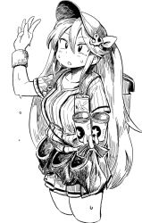 Rule 34 | 10s, 1girl, anchor symbol, backpack, bad id, bad pixiv id, bag, baseball cap, cup, drink, greyscale, hair between eyes, hat, id card, id tag, isuzu (kancolle), kantai collection, long hair, mizuno (okn66), monochrome, skirt, sweat, twintails