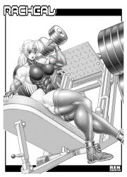 Rule 34 | biceps, breasts, extreme muscles, highres, huge breasts, long hair, looking at viewer, monochrome, muscular, open mouth, ren (tainca2000), thighhighs, weights