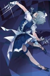 Rule 34 | 1girl, absurdres, apron, blue dress, blue eyes, braid, dress, floating hair, from behind, gloves, grey hair, highres, holding, holding knife, ikurauni, izayoi sakuya, knife, leaning to the side, looking back, maid, maid apron, maid headdress, solo, thigh strap, touhou, white gloves