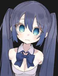 Rule 34 | 1girl, @ @, black background, black sleeves, blue bow, blue eyes, blue hair, blue neckwear, bow, bowtie, breasts, cleavage, collar, commentary, detached collar, detached sleeves, dress, frown, furrowed brow, happy cream, hatsune miku, long hair, looking at viewer, sleeveless, sleeveless dress, small breasts, strapless, strapless dress, tears, twintails, very long hair, vocaloid