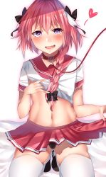 Rule 34 | 1boy, :d, absurdres, astolfo (fate), astolfo (sailor paladin) (fate), bad id, bad pixiv id, bed sheet, belt collar, black bow, black footwear, black panties, blush, bow, braid, bulge, clothes lift, collar, commentary request, crop top, eyelashes, fang, fate/apocrypha, fate/grand order, fate (series), furrowed brow, gluteal fold, hair between eyes, hair bow, hair intakes, hair over shoulder, half-closed eyes, hands up, heart, heart-shaped pupils, highres, kneeling, leash, leash pull, lifted by self, lips, loafers, long hair, looking at viewer, male focus, miniskirt, multicolored hair, naughty face, navel, neckerchief, nekoruri, open mouth, panties, parted bangs, penis in panties, pink hair, pink neckerchief, pleated skirt, purple eyes, red collar, red sailor collar, red skirt, sailor collar, school uniform, serafuku, shirt, shirt lift, shoes, simple background, single braid, skindentation, skirt, skirt lift, sleeve cuffs, smile, solo, spoken heart, stomach, streaked hair, symbol-shaped pupils, thighhighs, thighs, trap, two-tone hair, underwear, white background, white hair, white shirt, white thighhighs
