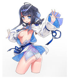 Rule 34 | 1girl, ass, back, bare shoulders, black hair, blue eyes, blue ribbon, blush, breasts, dress, fate/grand order, fate/requiem, fate (series), gradient background, grey background, highres, jewelry, long sleeves, looking at viewer, looking back, magatama, magatama hair ornament, medium breasts, medium hair, multicolored hair, necklace, open mouth, pelvic curtain, pink hair, puffy long sleeves, puffy sleeves, ribbon, see-through, seigaiha, short dress, sideboob, sideless outfit, simple background, smile, solo, streaked hair, takada kazuhiro, thighs, utsumi erice, white background, white dress