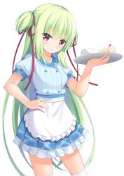 Rule 34 | 1girl, 7fuji 06, bands, blue shirt, blue skirt, blush, cake, cake slice, food, green hair, hair ribbon, hand on own hip, highres, holding, holding tray, long hair, looking at viewer, murasame (senren), purple eyes, red ribbon, ribbon, senren banka, shirt, short sleeves, simple background, skirt, smile, solo, thighhighs, tray, very long hair, waitress, white background, white thighhighs