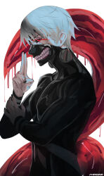 Rule 34 | 1boy, absurdres, artist name, black bodysuit, black nails, black sclera, bodysuit, colored sclera, from side, hand up, highres, kagune (tokyo ghoul), kaneki ken, long sleeves, maousr, mask, mouth mask, nail polish, red eyes, shiny clothes, simple background, solo, teeth print, tentacles, tokyo ghoul, white background