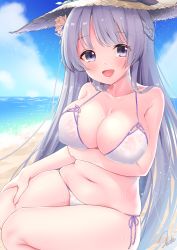 Rule 34 | 1girl, arm under breasts, azur lane, bare shoulders, beach, bikini, blue sky, blush, braid, breasts, cleavage, cloud, collarbone, day, eyes visible through hair, flower, french braid, hair flower, hair ornament, hand on own thigh, hat, highres, horizon, large breasts, light purple hair, lips, long hair, looking at viewer, navel, ocean, official alternate costume, open mouth, outdoors, purple eyes, rodney (azur lane), rodney (future seaside admiral) (azur lane), sand, side-tie bikini bottom, signature, sitting, skindentation, sky, smile, solo, straw hat, swimsuit, thighs, tongue, touwa iyo, very long hair, wet, wet clothes, wet swimsuit, white bikini