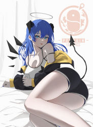 Rule 34 | 1girl, :p, arknights, ass, bare legs, bare shoulders, bed sheet, black jacket, black shorts, blue eyes, blue hair, blush, breasts, can, cleavage, demon girl, demon horns, demon tail, detached wings, energy wings, feet out of frame, halo, highres, holding, holding can, horns, jacket, large breasts, long hair, long sleeves, looking at viewer, looking back, lying, milksauce, mostima (arknights), off shoulder, official alternate costume, on bed, on side, open clothes, open jacket, penguin logistics logo, short shorts, shorts, smile, solo, sportswear, tail, tongue, tongue out, very long hair, wings