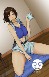Rule 34 | 1girl, absurdres, bare shoulders, bread slice, breasts, brown eyes, brown hair, center opening, cleavage, collarbone, crop top, cup, editor, food, food in mouth, highres, indoors, kazama asuka, kneeling, large breasts, mouth hold, namco, revealing clothes, solo, tekken, tekken 7, tekken tag tournament 2, toast, toast in mouth, traditional media