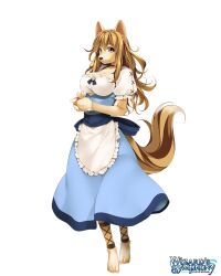 Rule 34 | 1girl, animal ears, animal feet, animal hands, apron, atelier-moo, breasts, brown hair, closed mouth, copyright name, dog ears, dog girl, dog nose, dog paws, dog tail, full body, hair between eyes, large breasts, logo, long hair, ryza(wizards symphony), short sleeves, skirt, smile, solo, standing, tail, waitress, wizards symphony