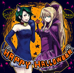 Rule 34 | 2girls, animal ears, animal hands, bad id, bad pixiv id, bell, blonde hair, blue eyes, bow, cape, cat ears, cat tail, chou shittou caduceus, collar, dress, elbow gloves, enso, gloves, green hair, hair bow, halloween, hand on own hip, happy halloween, hip focus, leslie sears, long hair, multiple girls, neck bell, pantyhose, ponytail, red hair, satou karume, short hair, star (symbol), tail, tonegawa anju, trick or treat, wand