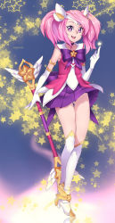 Rule 34 | 1girl, alternate costume, alternate hair color, alternate hairstyle, ankle wings, armlet, boots, breasts, choker, elbow gloves, gloves, gluteal fold, gradient background, hair ornament, highres, league of legends, lux (league of legends), magical girl, matemi, over-kneehighs, panties, pantyshot, pink hair, pleated skirt, purple eyes, sailor collar, skirt, small breasts, solo, standing, star-shaped pupils, star (symbol), star guardian (league of legends), star guardian lux, symbol-shaped pupils, thigh boots, thighhighs, tiara, twintails, underwear, wand, white gloves, white panties, white thighhighs, wings