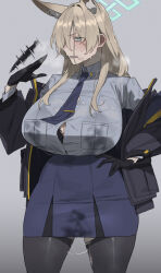 Rule 34 | 1girl, absurdres, afterimage, animal ears, black gloves, black jacket, black pantyhose, blonde hair, blue archive, blue eyes, blue necktie, blue shirt, blue skirt, blush, bra, bra peek, bra visible through clothes, breast pocket, breasts, clenched teeth, collared shirt, cowboy shot, gloves, green halo, halo, hand fan, hand on own hip, highres, huge breasts, jacket, kanna (blue archive), long hair, looking at viewer, mimyo, necktie, open clothes, open jacket, pantyhose, pencil skirt, pocket, pussy juice, pussy juice stain, pussy juice trail, sharp teeth, shirt, shirt tucked in, skirt, solo, stray pubic hair, teeth, underwear, wet, wet clothes, wet shirt