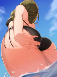 Rule 34 | 1girl, apple (ygbhjdbiulsg), arm at side, ass, ass focus, bare arms, bare shoulders, bikini, black bikini, blurry, braid, breasts, brown hair, commentary request, cowboy shot, day, depth of field, dutch angle, facing away, foreshortening, from behind, from below, hair over shoulder, halterneck, hand on own ass, highres, idolmaster, idolmaster shiny colors, kuwayama chiyuki, long hair, medium breasts, outdoors, partially submerged, side-tie bikini bottom, side braid, single braid, skindentation, solo, standing, string bikini, swimsuit, wading, water, water drop, wet