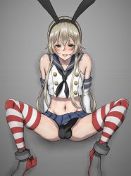 Rule 34 | 1boy, artist request, black eyes, black panties, blush, bulge, cosplay, crossdressing, elbow gloves, erection, erection under clothes, gloves, hair ornament, highres, kantai collection, male focus, panties, penis, shimakaze-kun, shimakaze (kancolle), shimakaze (kancolle) (cosplay), skirt, solo, spread legs, striped clothes, striped thighhighs, thighhighs, trap, underwear