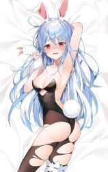 Rule 34 | 1girl, animal ear fluff, animal ears, arm behind head, arm up, armpits, ass, bare arms, bare shoulders, bed sheet, black leotard, blue hair, blush, breasts, bridal garter, brown pantyhose, cleavage, clothing cutout, embarrassed, hand up, highleg, highleg leotard, highres, hololive, leotard, long hair, looking at viewer, lying, medium breasts, munseonghwa, nose blush, on bed, open mouth, pantyhose, rabbit ears, rabbit girl, rabbit tail, red eyes, skindentation, solo, strapless, strapless leotard, tail, tearing up, thick eyebrows, torn clothes, torn pantyhose, twisted torso, underboob cutout, usada pekora, usada pekora (1st costume), virtual youtuber