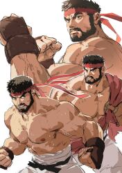 Rule 34 | 1boy, bara, bare pectorals, beard, black hair, blonde hair, collage, expressions, facial hair, feet out of frame, fighting stance, fingerless gloves, gentle2nd, gloves, headband, large pectorals, looking to the side, male focus, mature male, midriff sarashi, muscular, muscular male, mustache, pectorals, ryu (street fighter), sarashi, sash, serious, short hair, street fighter, street fighter 6, sweat, unfinished, veins, veiny arms