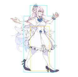 Rule 34 | 1girl, angel wings, blue archive, capelet, dress, eri (erikiri), facing to the side, feathered wings, frilled ribbon, frills, from side, full body, gameplay mechanics, hair bun, halo, hands up, highres, hitbox, long hair, low wings, mika (blue archive), outstretched arms, pantyhose, pink hair, pink halo, ribbon, scrunchie, single side bun, smile, walking, white capelet, white dress, white pantyhose, white wings, wing ornament, wings, wrist scrunchie