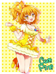 Rule 34 | 1girl, :d, boots, bow, breasts, character name, choker, cleavage, commentary request, cure pine, dress, earrings, fresh precure!, hair bow, hair ornament, heart, heart earrings, heart hair ornament, high heel boots, high heels, high ponytail, jewelry, jumping, kagami chihiro, looking at viewer, magical girl, medium breasts, open mouth, orange choker, orange hair, partial commentary, polka dot, polka dot background, precure, shiny skin, short dress, short hair, short sleeves, side ponytail, smile, solo, two-tone background, wrist cuffs, yamabuki inori, yellow background