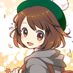 Rule 34 | 1girl, :d, autumn leaves, ayamisiro, backpack, bag, blush, brown eyes, brown hair, creatures (company), falling leaves, from side, game freak, gloria (pokemon), green hat, hat, hood, hood down, leaf, looking at viewer, looking to the side, nintendo, open mouth, pokemon, pokemon swsh, short hair, signature, smile, solo, swept bangs, tam o&#039; shanter, tareme, upper body