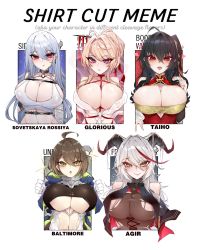 Rule 34 | 5girls, aegir (azur lane), azur lane, baltimore (azur lane), bandaged arm, bandages, bare shoulders, black hair, bodystocking, braid, breasts, brown hair, bursting breasts, china dress, chinese clothes, chinese new year, choker, cleavage, cleavage cutout, clothing cutout, covered erect nipples, demon horns, dress, english text, framed breasts, glorious (azur lane), glorious (pungent plum) (azur lane), gloves, hair between eyes, hair on horn, hair ornament, hair stick, highres, horns, huge breasts, kanzashi, kive, large breasts, light brown hair, long hair, looking at viewer, low neckline, medium hair, meme, multicolored hair, multiple drawing challenge, multiple girls, navel, neckwear request, official alternate costume, open clothes, open dress, purple eyes, red choker, red dress, red eyes, red hair, revealing clothes, shirt cut meme, shirt cut meme, side braid, sleeveless, sleeveless dress, sovetskaya rossiya (azur lane), sovetskaya rossiya (the lackadaisical lookout) (azur lane), stomach cutout, streaked hair, taihou (azur lane), taihou (phoenix&#039;s spring song) (azur lane), tank top, torn bodystocking, torn clothes, two-tone hair, underboob, white gloves, white hair, white tank top, yellow eyes
