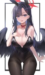 Rule 34 | 1girl, :d, absurdres, animal ears, black choker, black feathers, black hair, black leotard, black pantyhose, black wings, blue archive, blue eyes, bow, breasts, choker, cleavage, feathers, halo, highres, ichika (blue archive), large breasts, leotard, light particles, long hair, open mouth, pantyhose, parted lips, playboy bunny, rabbit ears, red bow, red halo, smile, solo, thuban ap, very long hair, wings
