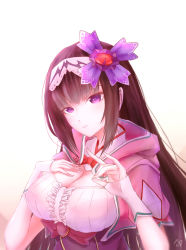 Rule 34 | 1girl, arm warmers, black hair, breasts, cleavage, cloak, fate/grand order, fate (series), fox shadow puppet, hair ornament, hairband, head tilt, hood, hooded cloak, jrpulse, large breasts, light smile, long hair, osakabehime (fate), purple eyes, solo, white background