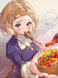Rule 34 | 1boy, 1girl, asparagus, black pants, blonde hair, blue tunic, blurry, blush, bowl, braid, breasts, chibi, chibi inset, chicken (food), chopsticks, closed mouth, commentary, cowboy shot, crown braid, day, depth of field, food, furrowed brow, gold trim, green eyes, hair ornament, hairclip, highres, holding, holding bowl, holding spoon, link, lips, long sleeves, looking at viewer, medium breasts, nintendo, outdoors, outstretched arm, pants, parted bangs, pointy ears, princess zelda, puffy long sleeves, puffy sleeves, short hair, shuri (84k), sitting, solo focus, spoon, steam, sweat, sweatdrop, the legend of zelda, the legend of zelda: breath of the wild, the legend of zelda: tears of the kingdom, thick eyebrows, wooden bowl, wooden spoon